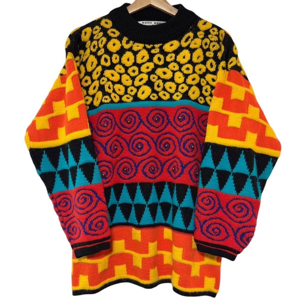 Vintage 90s Kitty Hawk Vivian Wang Multicolor‎ Beaded Oversized Retro Sweater M